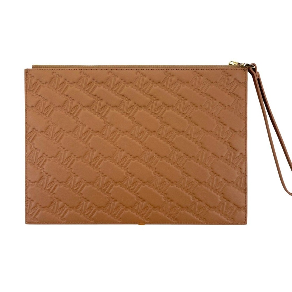 Max Mara Women's Clutch Brown Monogram Zip Wristlet Pouch Leather Logo